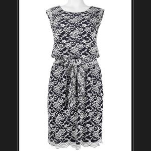 Floral Lace Blouson Dress Navy Ivory/White Color